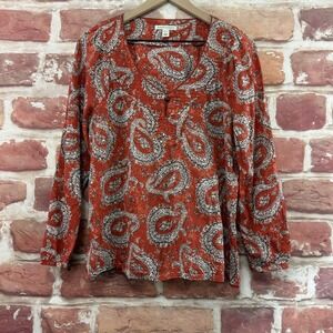 Banana Republic Top Womens Large Petite Red Orange Multicolor Boho Paisley Shirt